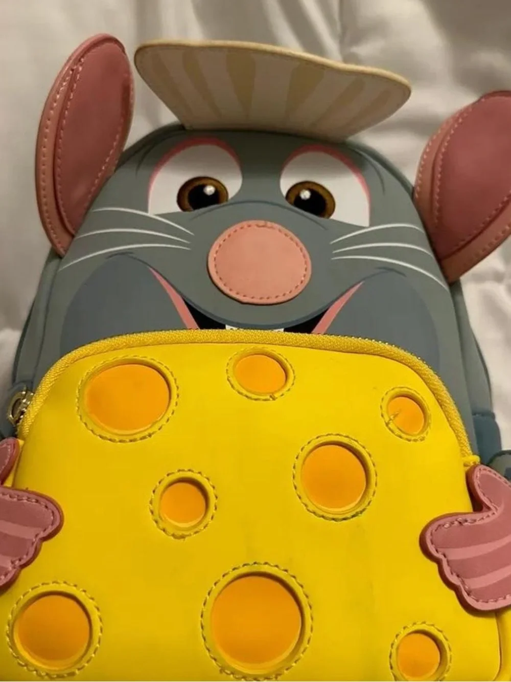 Kids Grey and Pink Novelty Mouse Backpack with Yellow Cheese Pocket